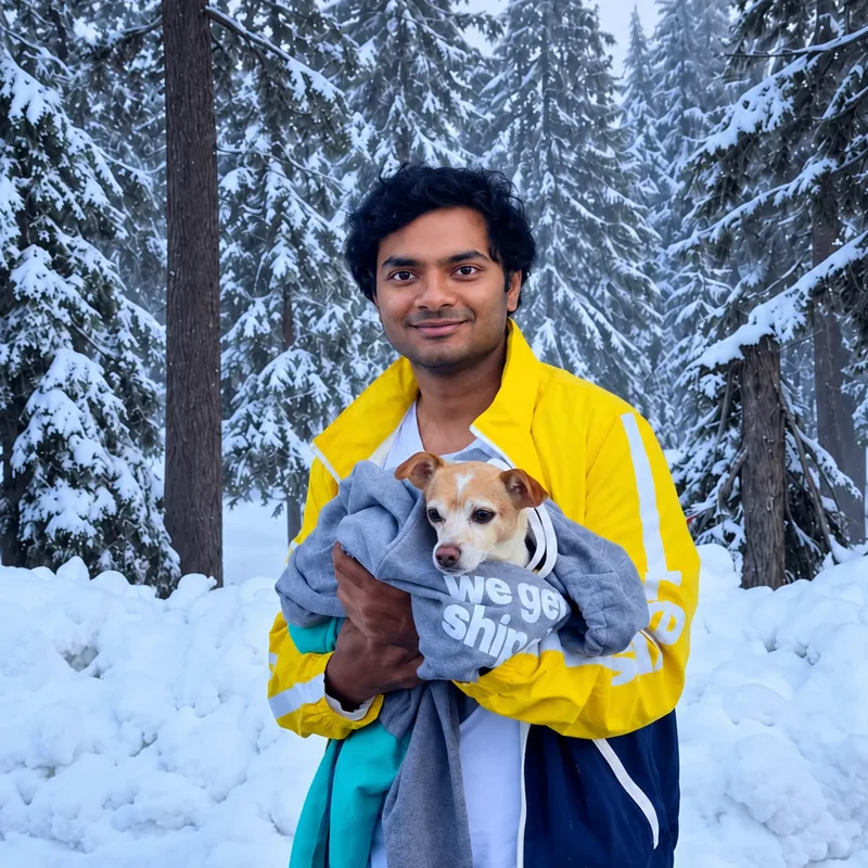 Subhankar Ghosh with a dog in a snowy forest