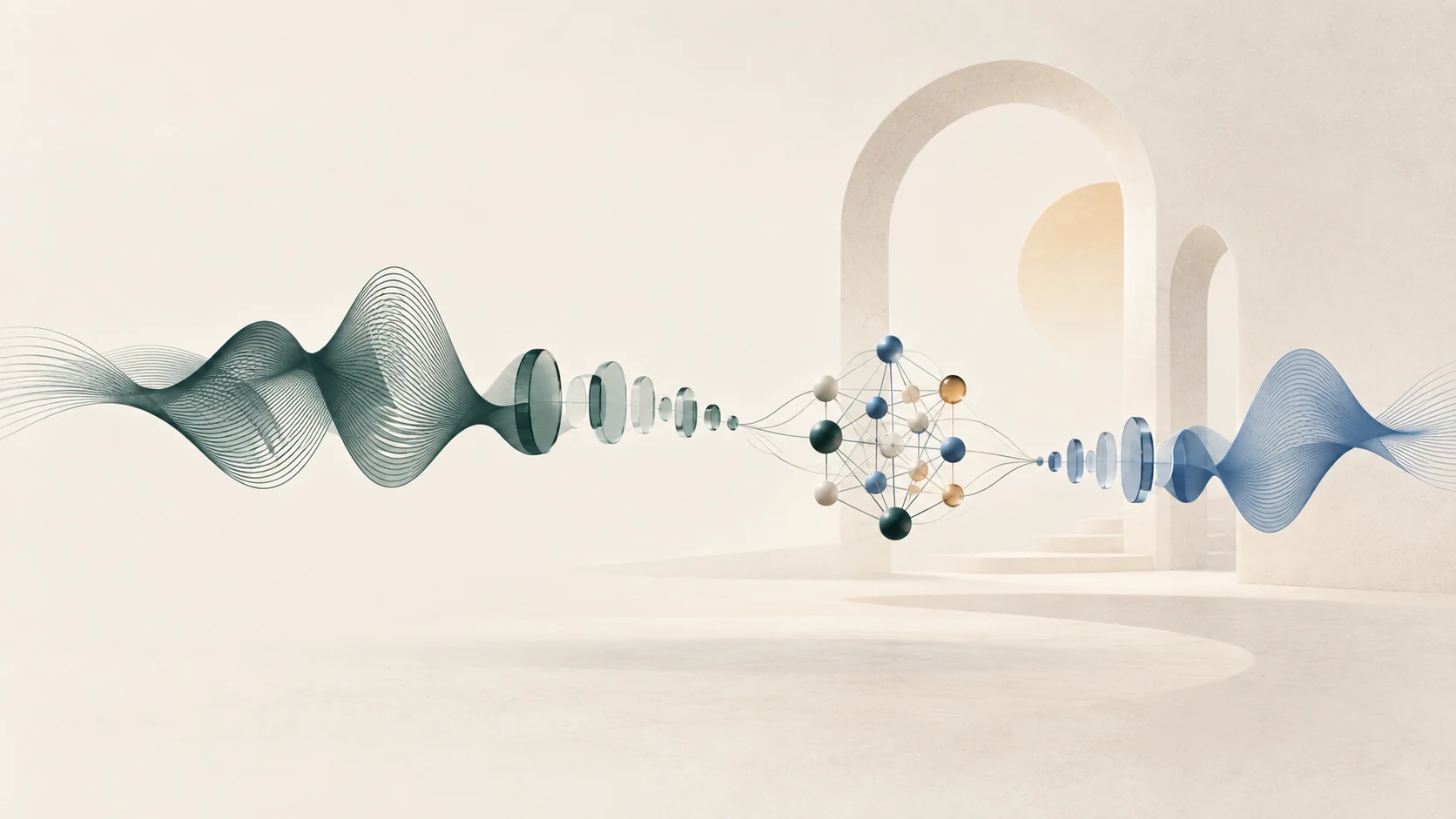 Abstract speech waves becoming audio tokens and a neural network, framed by architectural arches